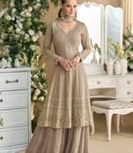 Beigh embroidered georgette palazzo style salwar suit