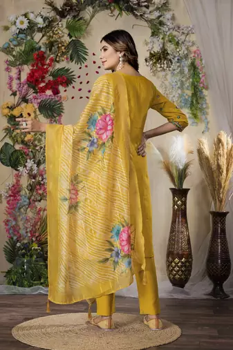 Mustard colour embroidered work roman silk Kurta set for women