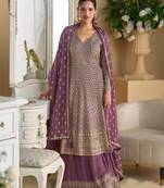 Purple embroidered georgette palazzo style salwar suit
