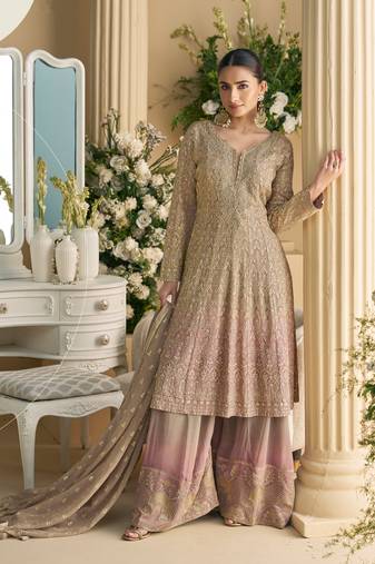 Grey embroidered georgette palazzo style salwar suit