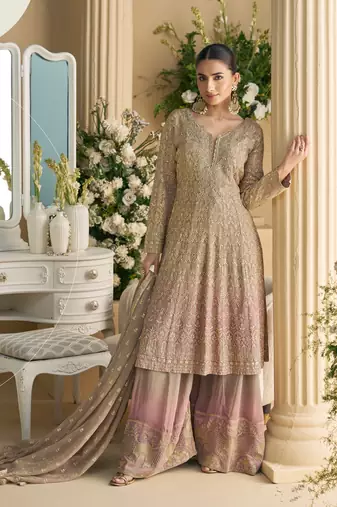Grey embroidered georgette palazzo style salwar suit