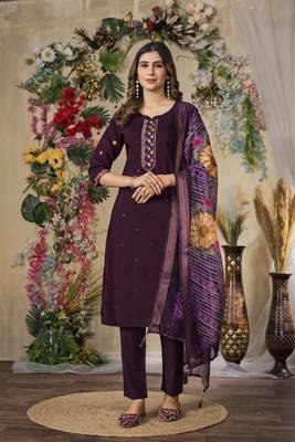 Wine colour embroidered work roman silk Kurta set for women 1