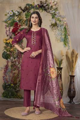Pink colour embroidered work roman silk Kurta set for women 1