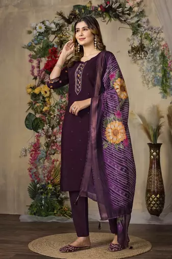 Wine colour embroidered work roman silk Kurta set for women