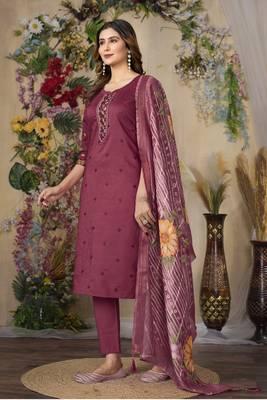 Pink colour embroidered work roman silk Kurta set for women 2