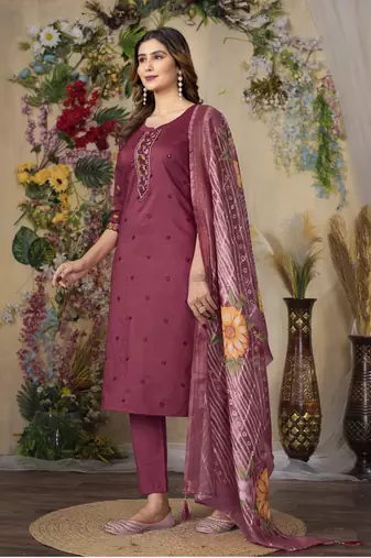 Pink colour embroidered work roman silk Kurta set for women