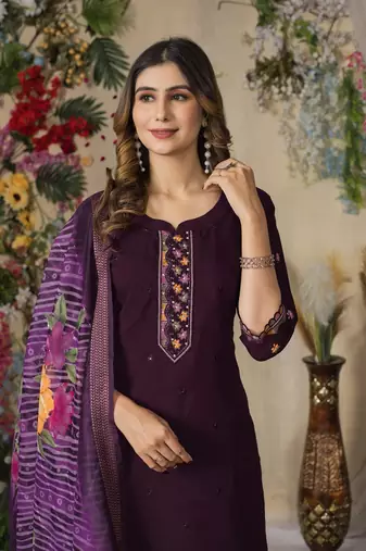 Wine colour embroidered work roman silk Kurta set for women