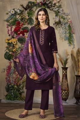 Wine colour embroidered work roman silk Kurta set for women 4