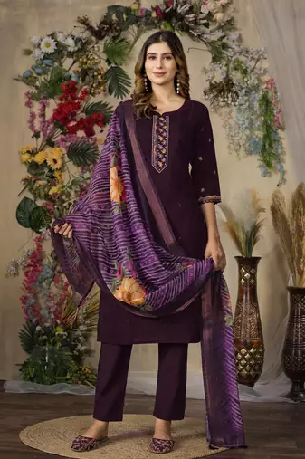 Wine colour embroidered work roman silk Kurta set for women