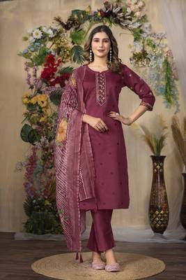Pink colour embroidered work roman silk Kurta set for women 3