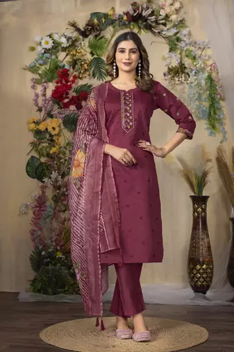 Pink colour embroidered work roman silk Kurta set for women