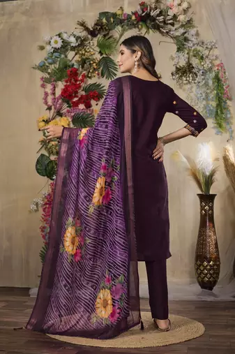 Wine colour embroidered work roman silk Kurta set for women