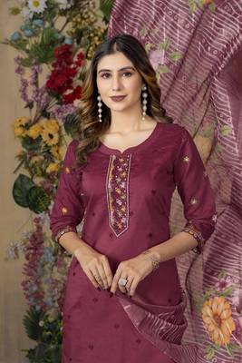 Pink colour embroidered work roman silk Kurta set for women 4