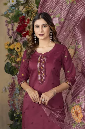Pink colour embroidered work roman silk Kurta set for women