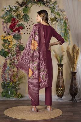 Pink colour embroidered work roman silk Kurta set for women 5