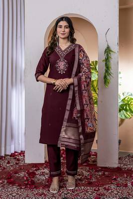 Wine colour embroidered work roman silk Kurta set for women 1