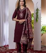 Wine colour embroidered work roman silk Kurta set for women