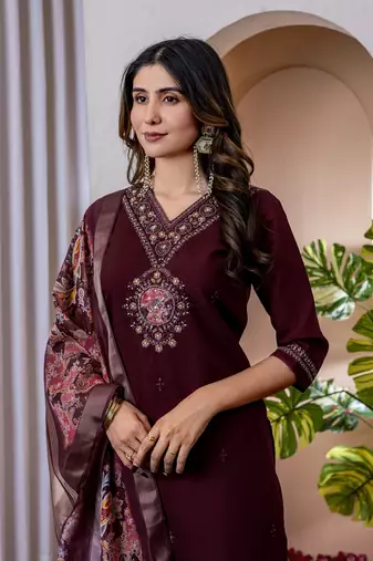 Wine colour embroidered work roman silk Kurta set for women