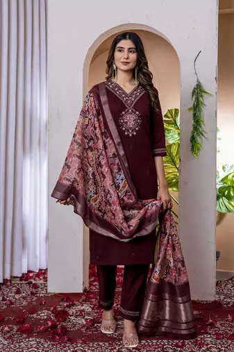 Wine colour embroidered work roman silk Kurta set for women