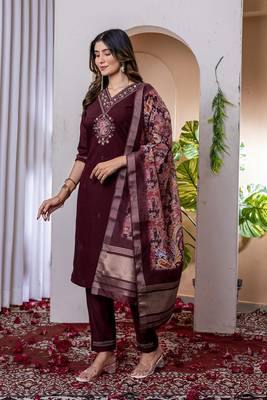 Wine colour embroidered work roman silk Kurta set for women 4