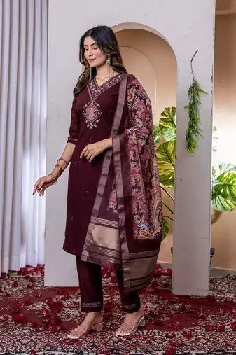 Wine colour embroidered work roman silk Kurta set for women