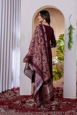 Wine colour embroidered work roman silk Kurta set for women 5