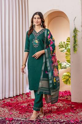 Teal colour embroidered work roman silk Kurta set for women 1