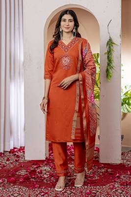 Orange colour embroidered work roman silk Kurta set for women 1