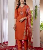 Orange colour embroidered work roman silk Kurta set for women