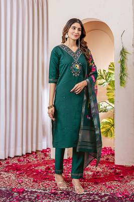 Teal colour embroidered work roman silk Kurta set for women 2