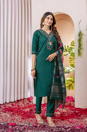 Teal colour embroidered work roman silk Kurta set for women