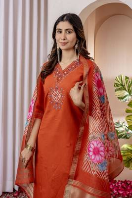 Orange colour embroidered work roman silk Kurta set for women 2