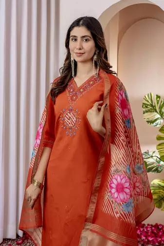 Orange colour embroidered work roman silk Kurta set for women