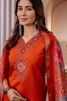 Orange colour embroidered work roman silk Kurta set for women 3