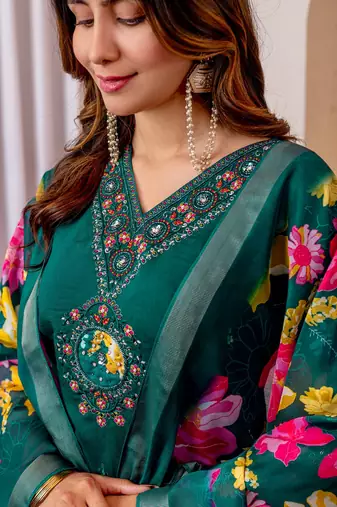 Teal colour embroidered work roman silk Kurta set for women