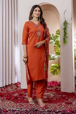 Orange colour embroidered work roman silk Kurta set for women 4