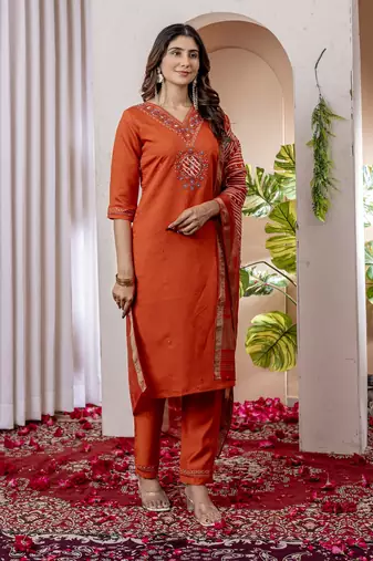Orange colour embroidered work roman silk Kurta set for women