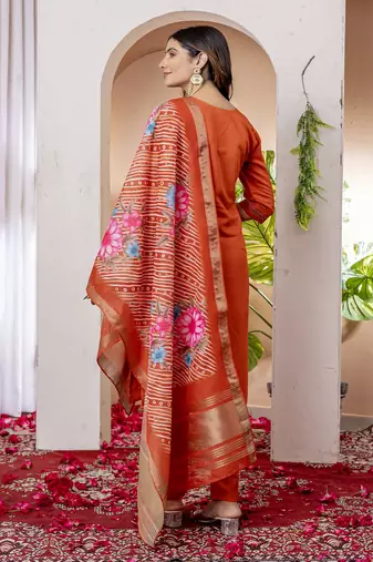 Orange colour embroidered work roman silk Kurta set for women