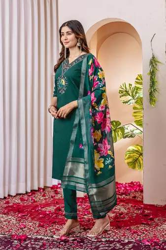 Teal colour embroidered work roman silk Kurta set for women