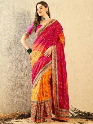 Pink bandhani saree with lace border and unstitched blouse 1