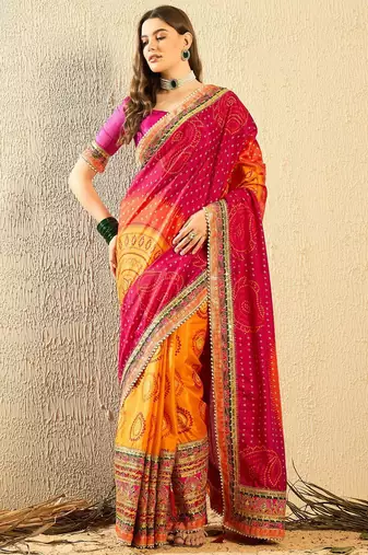 Pink bandhani saree with lace border and unstitched blouse