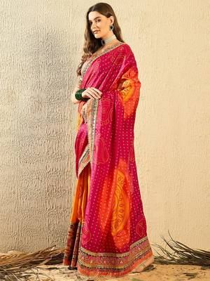 Pink bandhani saree with lace border and unstitched blouse 4