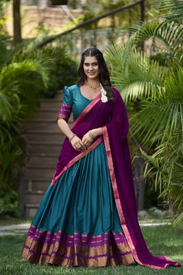 turquoise poly cotton half saree lehenga set 5