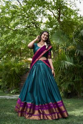 turquoise poly cotton half saree lehenga set 6