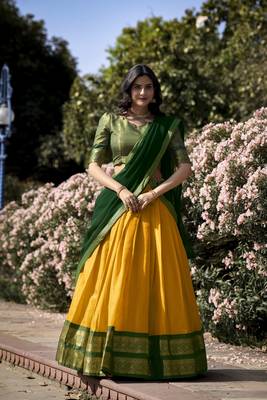 Yellow Poly Cotton South Indian Style Lehenga Choli Set 6