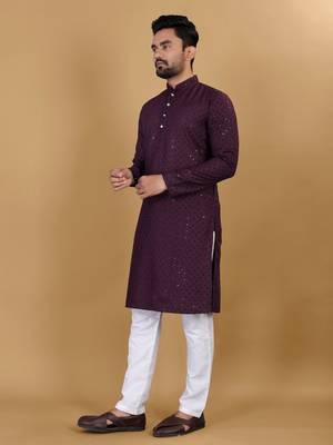 Wine chikankari rayon straight kurta for men 2