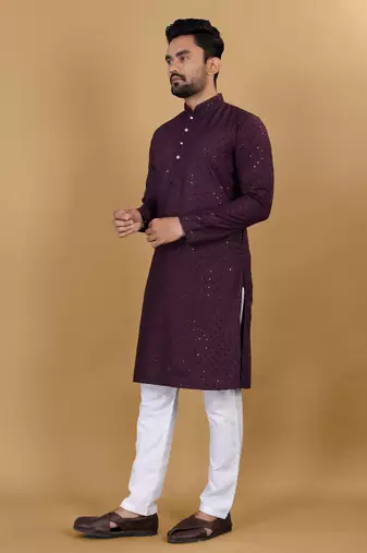 Wine chikankari rayon straight kurta for men