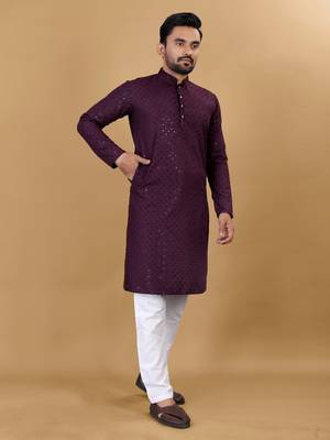 Wine chikankari rayon straight kurta for men 3