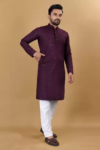 Wine chikankari rayon straight kurta for men