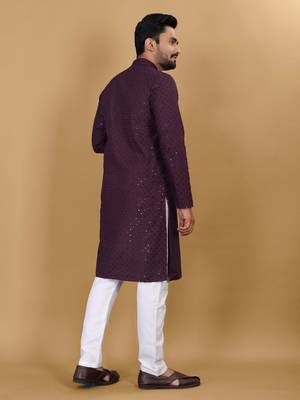 Wine chikankari rayon straight kurta for men 4